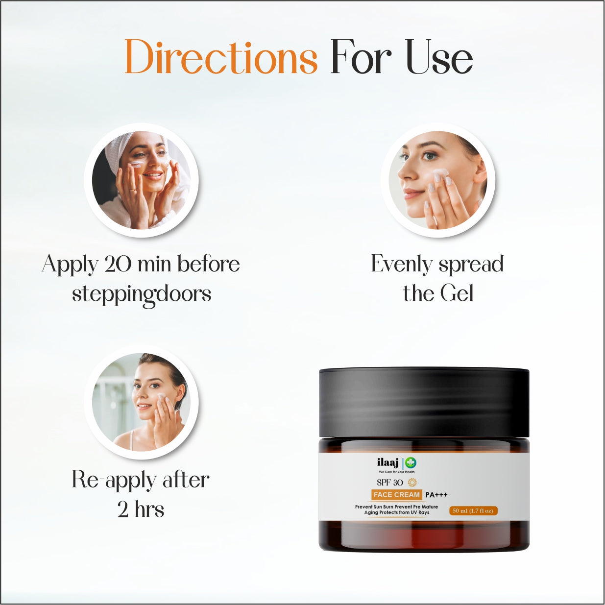 SPF 30 Face Cream PA+++, Prevent Sun Burn, Anti-Aging UV Protection, 50ml