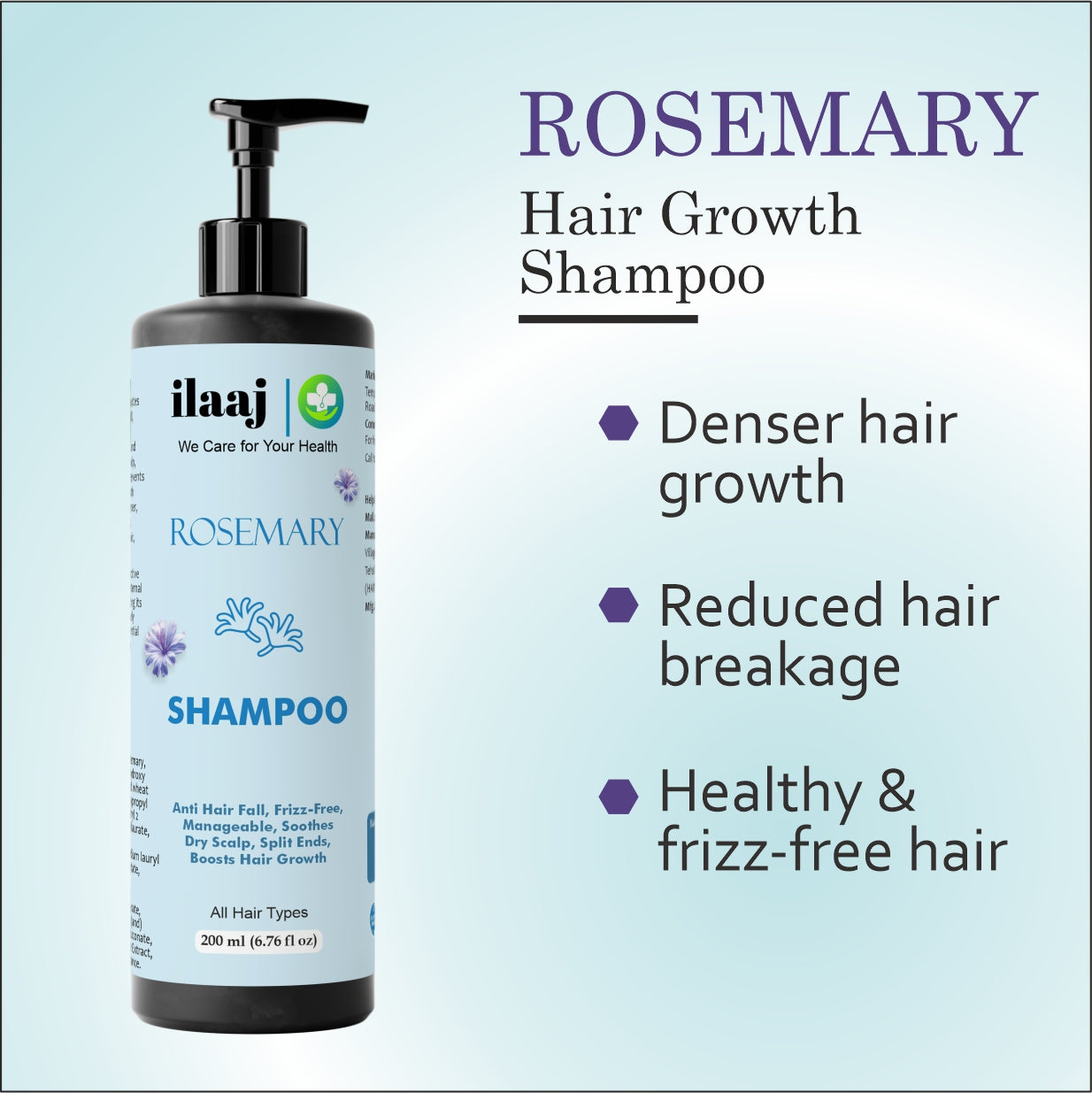 Ilaaj Rosemary Shampoo, Anti Hair Fall, Frizz-Free, All Hair Types, 200ml