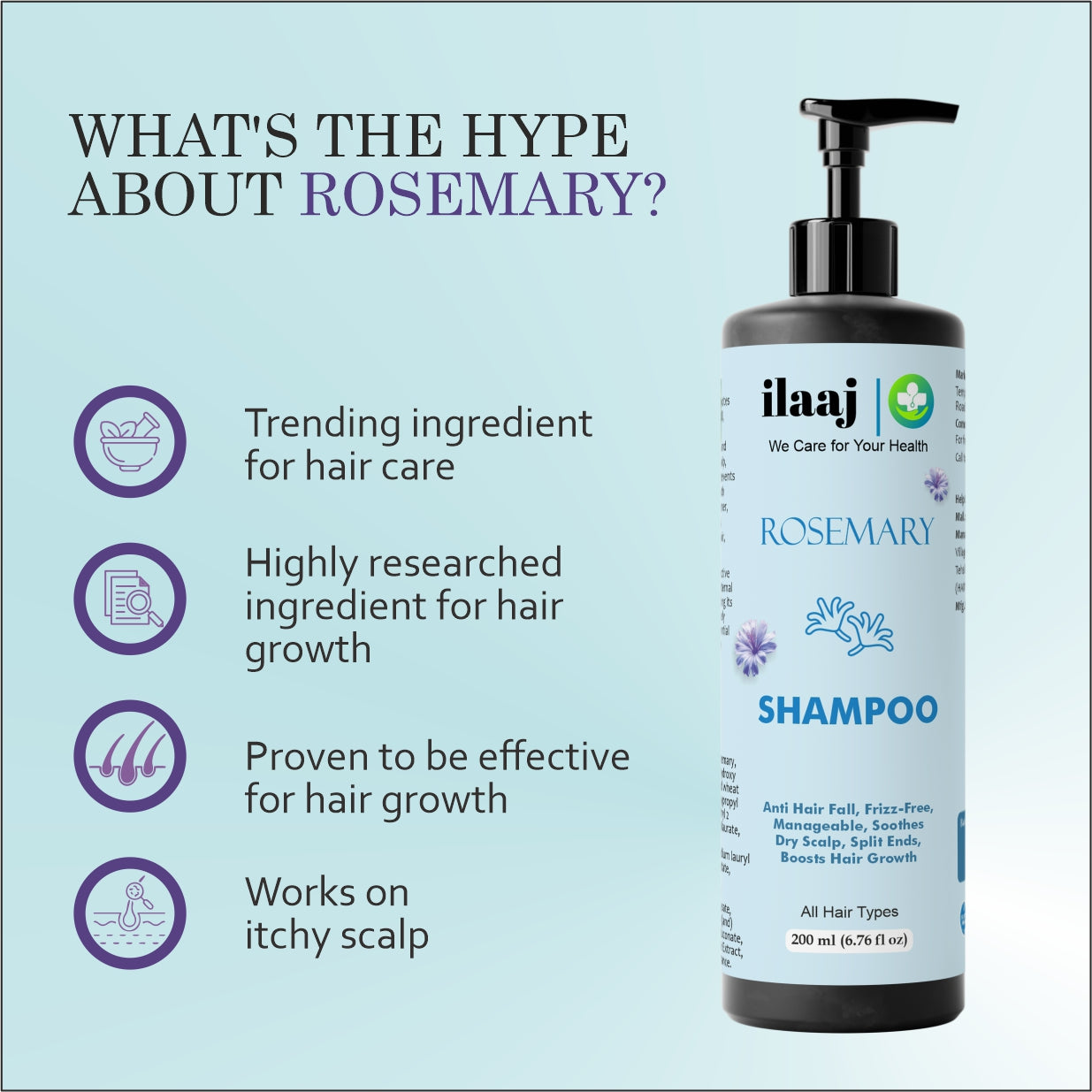 Ilaaj Rosemary Shampoo, Anti Hair Fall, Frizz-Free, All Hair Types, 200ml