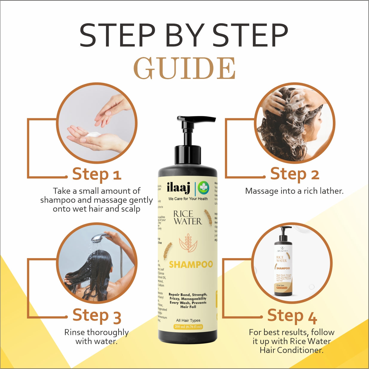 Ilaaj Rice Water Shampoo, Repair Bond Strength, All Hair Types, Prevents Hair Fall, 200ml