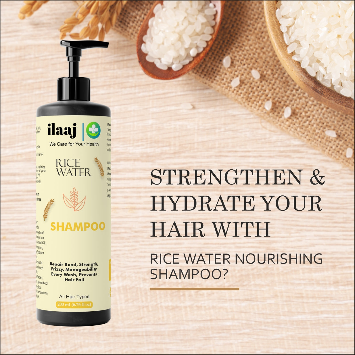 Ilaaj Rice Water Shampoo, Repair Bond Strength, All Hair Types, Prevents Hair Fall, 200ml