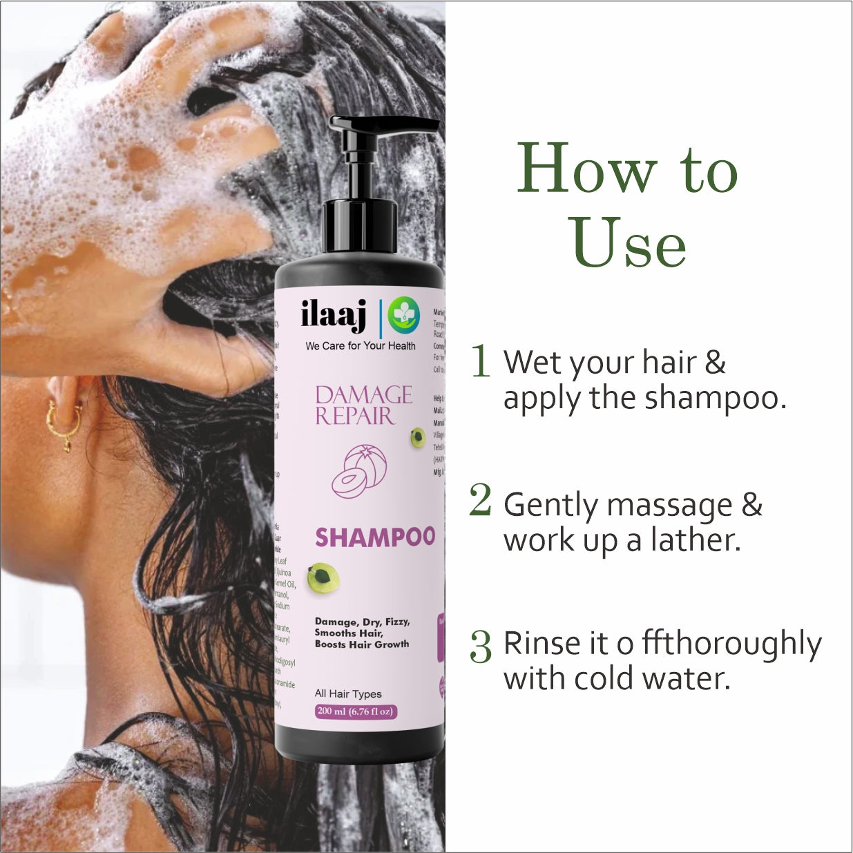 Ilaaj Damage Hair Repair Shampoo | For Itchy & Flaky Scalp Care | With Pyrithione Zinc | Suitable for All Hair Types | 200 ml
