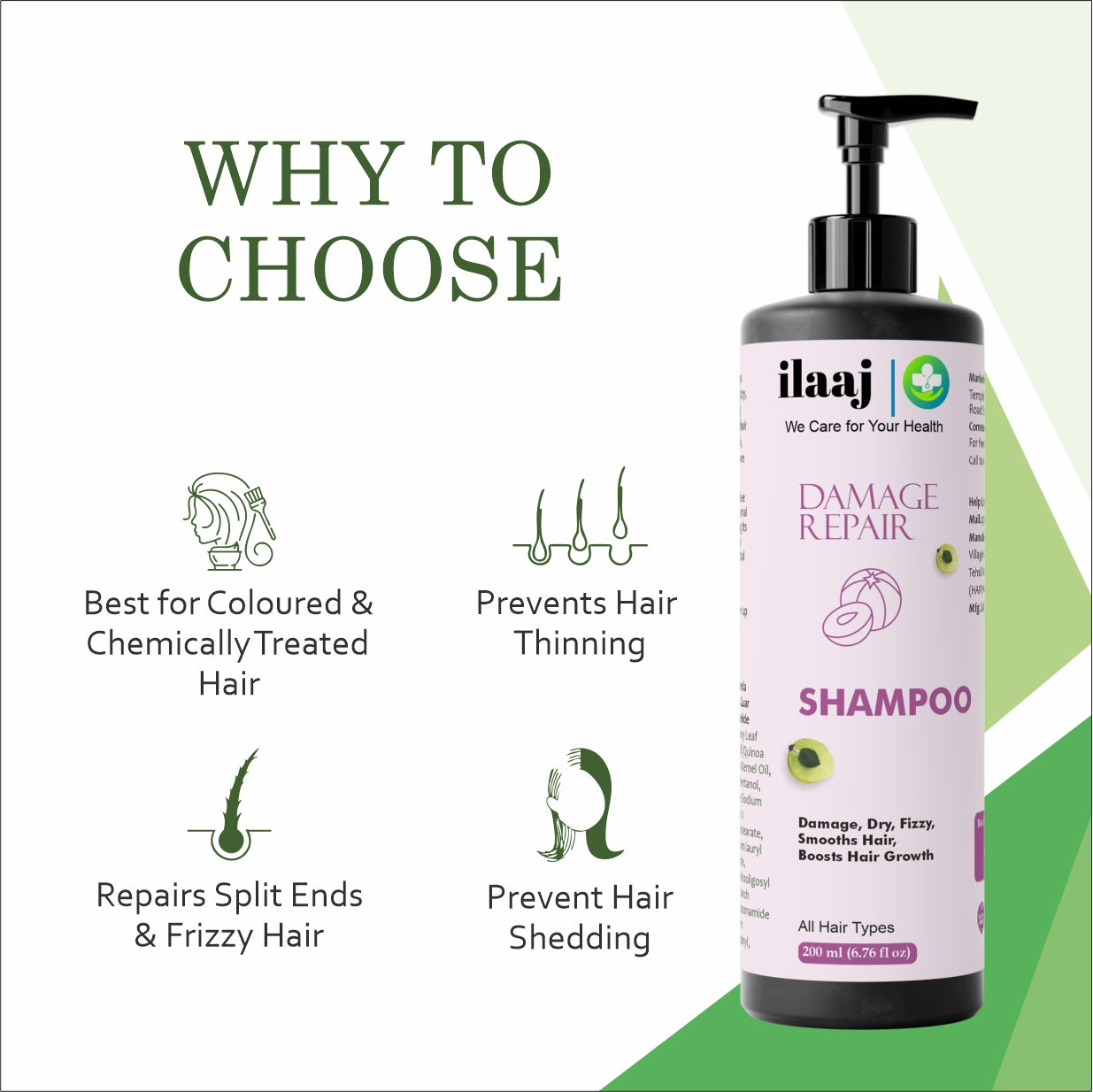 Ilaaj Damage Hair Repair Shampoo | For Itchy & Flaky Scalp Care | With Pyrithione Zinc | Suitable for All Hair Types | 200 ml