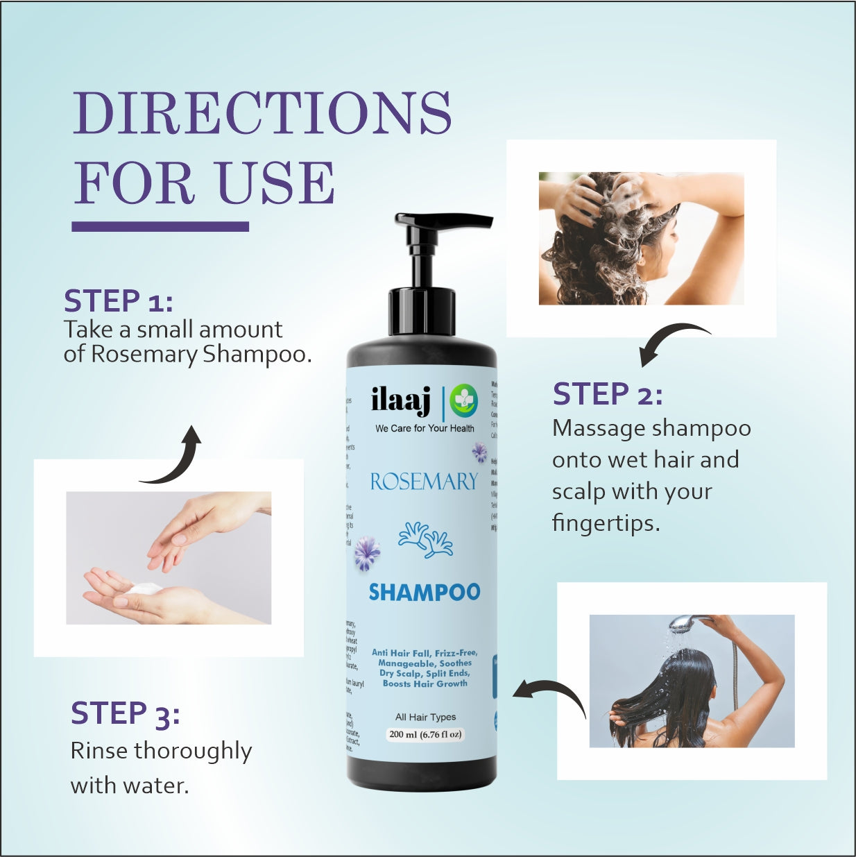 Ilaaj Rosemary Shampoo, Anti Hair Fall, Frizz-Free, All Hair Types, 200ml